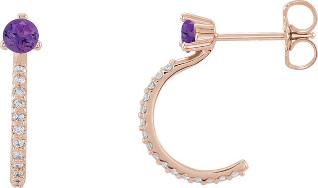 14K Gold Round Natural Amethyst Accented J-Hoop Earrings - Rose Gold