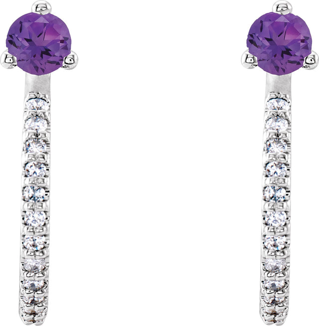 14K Gold Round Natural Amethyst Accented J-Hoop Earrings - White Gold - view 2