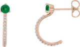 14K Gold Round Natural Emerald Accented J-Hoop Earrings - Rose Gold