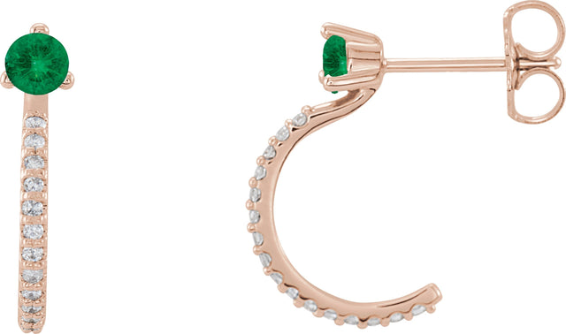 14K Gold Round Natural Emerald Accented J-Hoop Earrings - Rose Gold