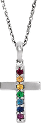 14K Gold Round Natural Multi-Gemstone Accented Cross Necklace or Pendant II - White Gold
