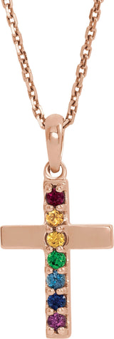 14K Gold Round Natural Multi-Gemstone Accented Cross Necklace or Pendant II - Rose Gold