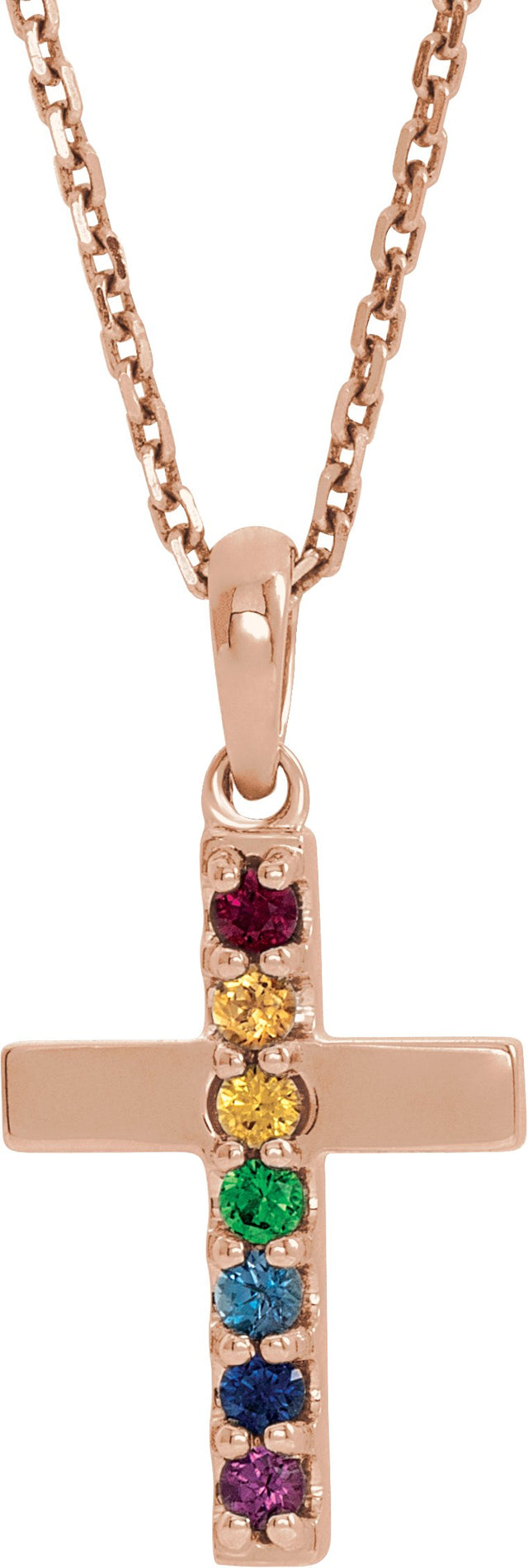 14K Gold Round Natural Multi-Gemstone Accented Cross Necklace or Pendant II - Rose Gold