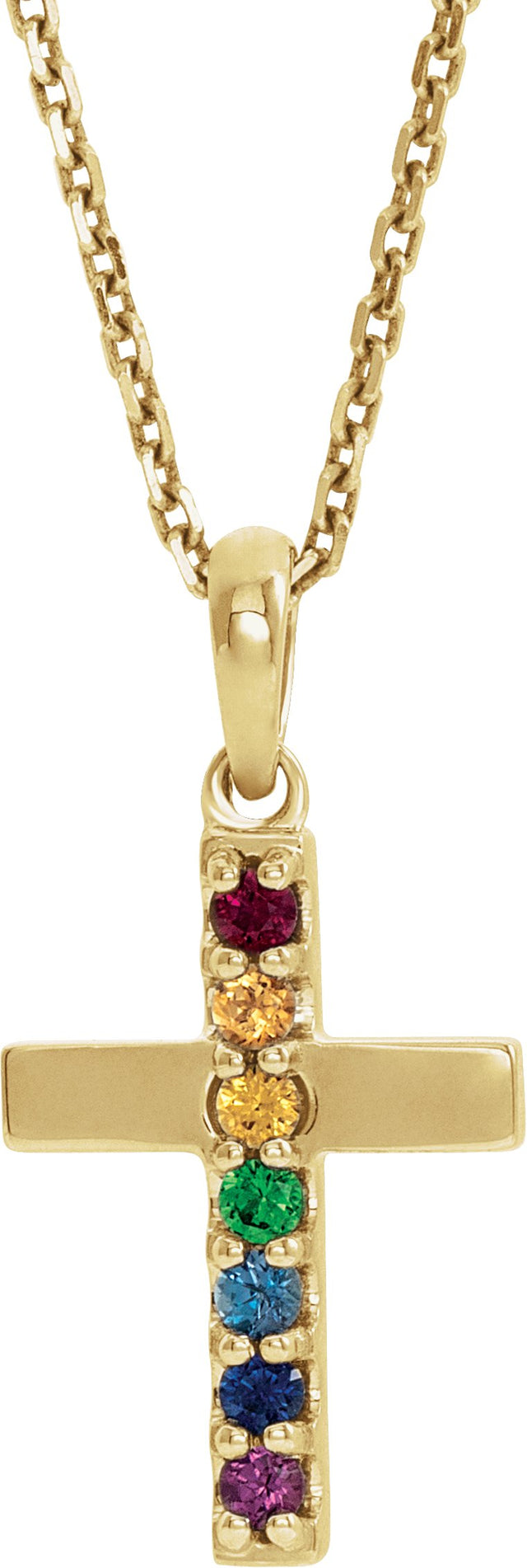 14K Gold Round Natural Multi-Gemstone Accented Cross Necklace or Pendant II - Yellow Gold
