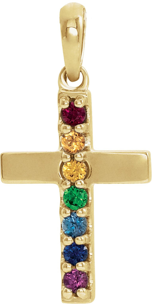 14K Gold Round Natural Multi-Gemstone Accented Cross Necklace or Pendant II - Yellow Gold