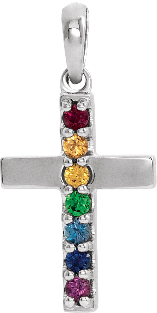 Platinum Round Natural Multi-Gemstone Accented Cross Necklace or Pendant