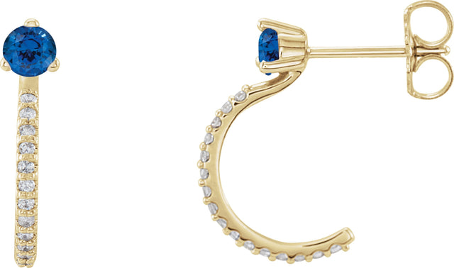 14K Gold Round Natural Blue Sapphire Accented J-Hoop Earrings - Yellow Gold
