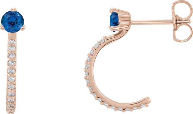 14K Gold Round Natural Blue Sapphire Accented J-Hoop Earrings - Rose Gold