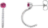 14K Gold Round Natural Pink Tourmaline Accented J-Hoop Earrings - White Gold