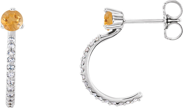 14K Gold Round Natural Citrine Accented J-Hoop Earrings - White Gold