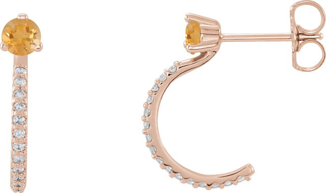 14K Gold Round Natural Citrine Accented J-Hoop Earrings - Rose Gold