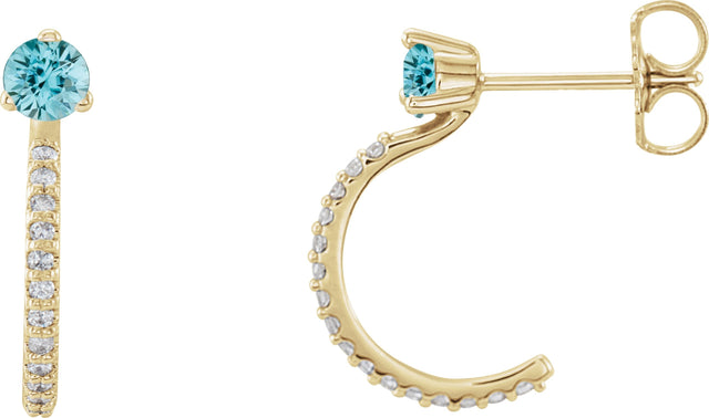 14K Gold Round Natural Blue Zircon Accented J-Hoop Earrings - Yellow Gold