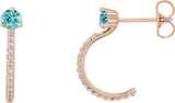 14K Gold Round Natural Blue Zircon Accented J-Hoop Earrings - Rose Gold