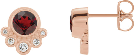 14K Gold Round Natural Mozambique Garnet Accented Bezel-Set Earrings - Rose Gold