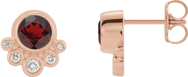 14K Gold Round Natural Mozambique Garnet Accented Bezel-Set Earrings - Rose Gold