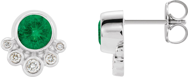 14K Gold Round Natural Emerald Accented Bezel-Set Earrings - White Gold