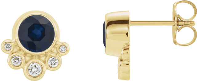 14K Gold Round Natural Blue Sapphire Accented Bezel-Set Earrings - Yellow Gold