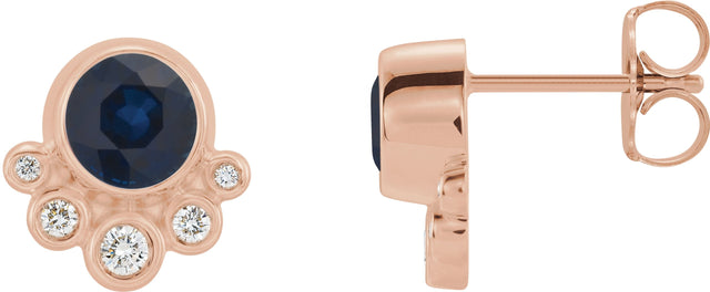 14K Gold Round Natural Blue Sapphire Accented Bezel-Set Earrings - Rose Gold