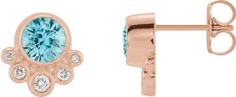 14K Gold Round Natural Blue Zircon Accented Bezel-Set Earrings - Rose Gold