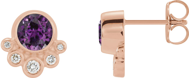 14K Gold Round Lab-Grown Alexandrite Accented Bezel-Set Earrings - Rose Gold
