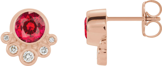 14K Gold Round Lab-Grown Ruby Accented Bezel-Set Earrings - Rose Gold