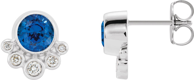14K Gold Round Lab-Grown Blue Sapphire Accented Bezel-Set Earrings - White Gold
