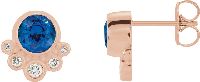 14K Gold Round Lab-Grown Blue Sapphire Accented Bezel-Set Earrings - Rose Gold