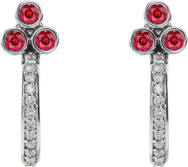 14K Gold Round Natural Ruby Accented Bezel-Set J-Hoop Earrings - White Gold - view 2