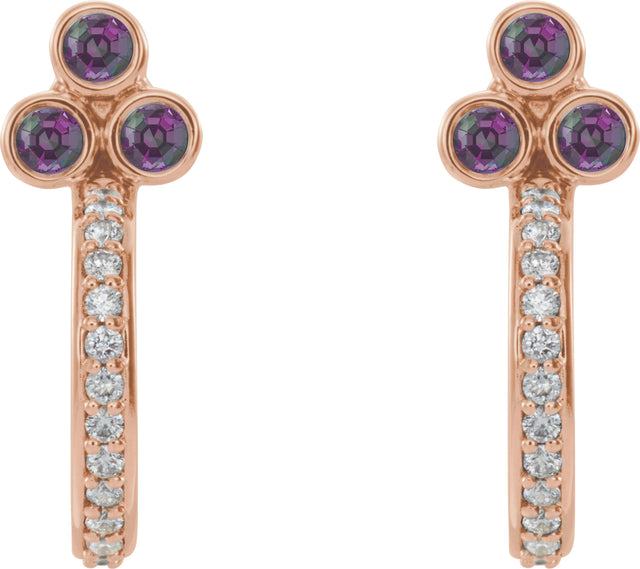 14K Gold Round Natural Alexandrite Accented Bezel-Set J-Hoop Earrings - Rose Gold - view 2