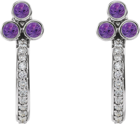 Platinum Round Natural Amethyst Accented Bezel-Set J-Hoop Earrings - view 2
