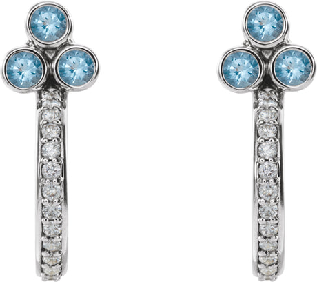 Platinum Round Natural Aquamarine Accented Bezel-Set J-Hoop Earrings - view 2