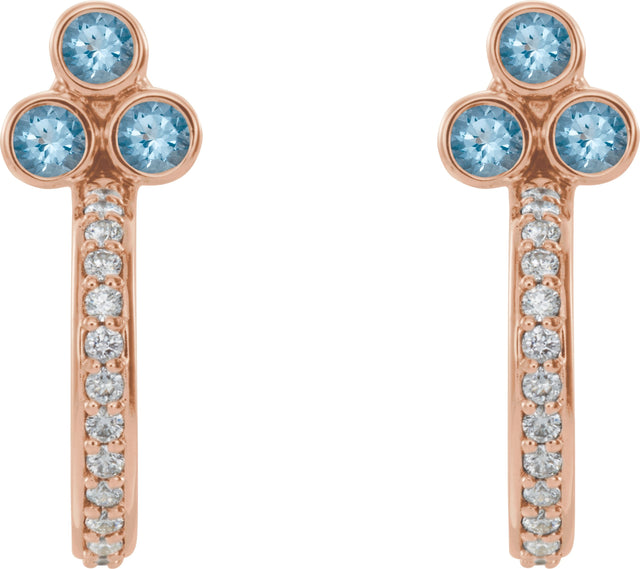 14K Gold Round Natural Aquamarine Accented Bezel-Set J-Hoop Earrings - Rose Gold - view 2