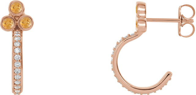14K Gold Round Natural Citrine Accented Bezel-Set J-Hoop Earrings - Rose Gold