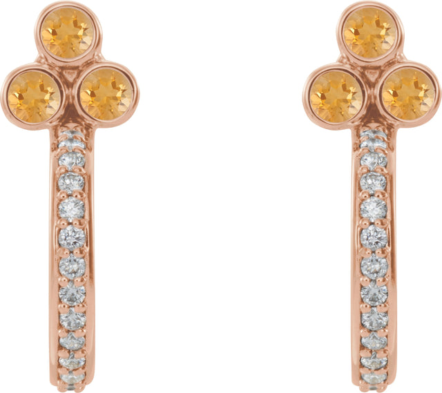 14K Gold Round Natural Citrine Accented Bezel-Set J-Hoop Earrings - Rose Gold - view 2