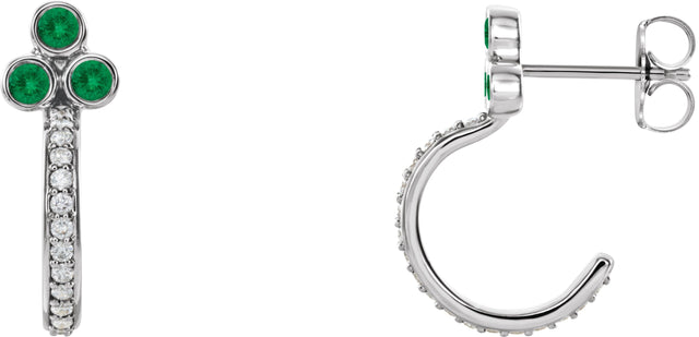 Platinum Round Natural Emerald Accented Bezel-Set J-Hoop Earrings