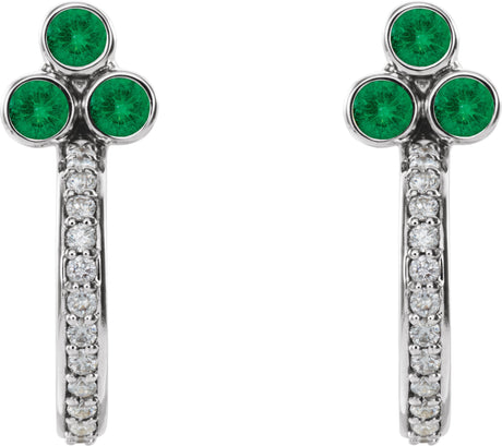 Platinum Round Natural Emerald Accented Bezel-Set J-Hoop Earrings - view 2