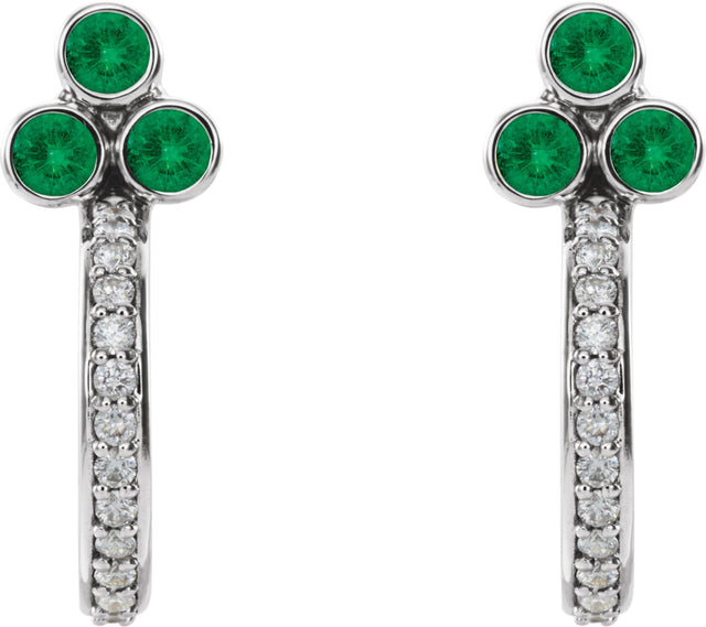 Platinum Round Natural Emerald Accented Bezel-Set J-Hoop Earrings - view 2