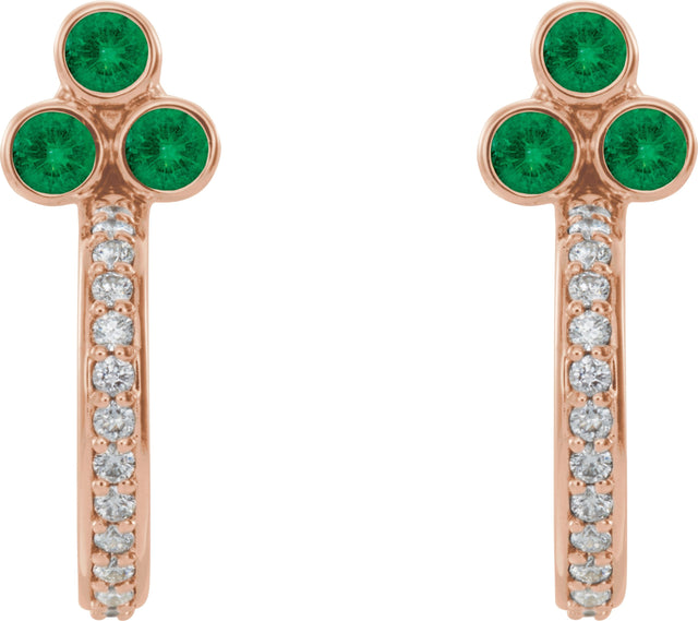 14K Gold Round Natural Emerald Accented Bezel-Set J-Hoop Earrings - Rose Gold - view 2