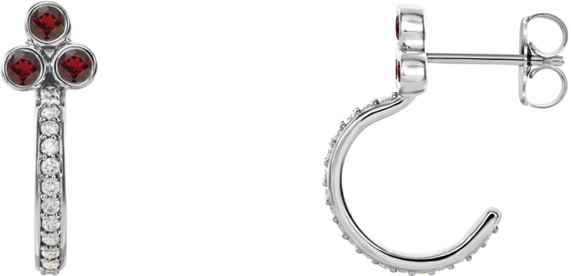 Platinum Round Natural Mozambique Garnet Accented Bezel-Set J-Hoop Earrings