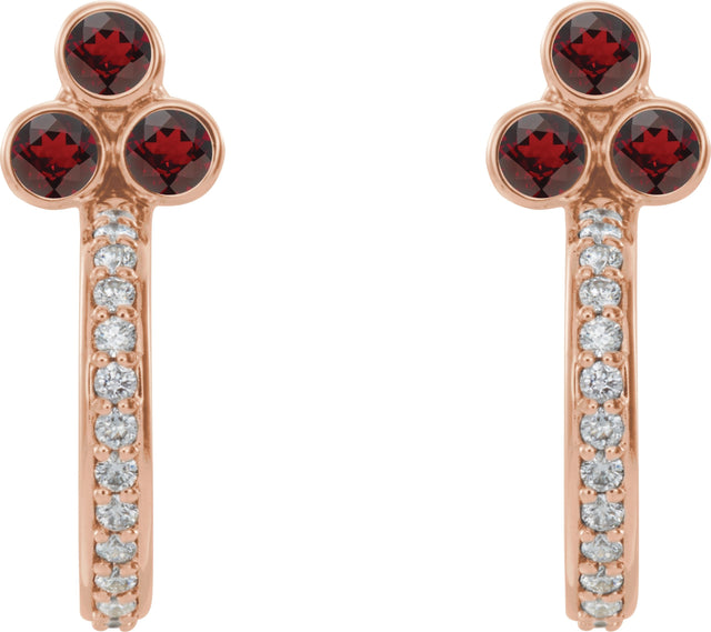 14K Gold Round Natural Mozambique Garnet Accented Bezel-Set J-Hoop Earrings - Rose Gold - view 2