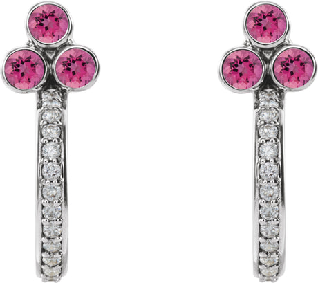 Platinum Round Natural Pink Tourmaline Accented Bezel-Set J-Hoop Earrings - view 2