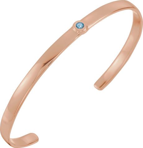 14K Gold Round Natural Aquamarine Bezel-Set Cuff Bracelet - Rose Gold