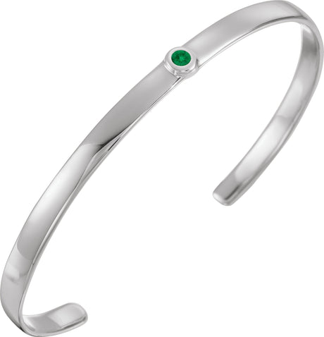 14K Gold Round Natural Emerald Bezel-Set Cuff Bracelet - White Gold