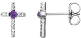 14K Gold Round Natural Amethyst Accented Cross Earrings – 1.5-2mm Stones - White Gold