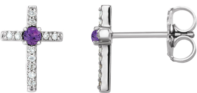 14K Gold Round Natural Amethyst Accented Cross Earrings – 1.5-2mm Stones - White Gold