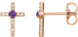 14K Gold Round Natural Amethyst Accented Cross Earrings – 1.5-2mm Stones - Rose Gold