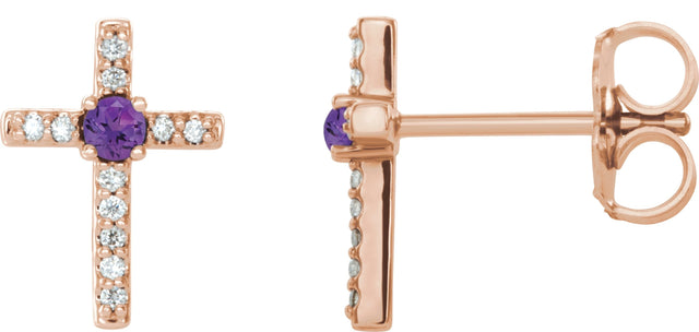 14K Gold Round Natural Amethyst Accented Cross Earrings – 1.5-2mm Stones - Rose Gold