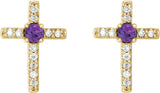 14K Gold Round Natural Amethyst Accented Cross Earrings – 1.5-2mm Stones - Yellow Gold - view 2