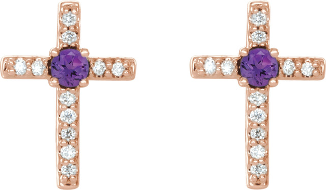 14K Gold Round Natural Amethyst Accented Cross Earrings – 1.5-2mm Stones - Rose Gold - view 2