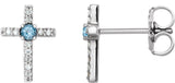 Platinum Round Natural Aquamarine Accented Cross Earrings – 1.5-2mm Stones
